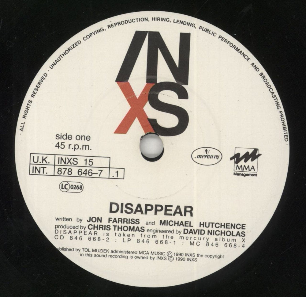Inxs Disappear UK 7" vinyl single (7 inch record / 45) INX07DI514756