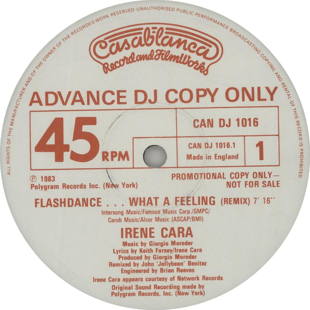 Irene Cara Flashdance... What A Feeling UK Promo 12" vinyl single (12 inch record / Maxi-single) CANDJ1016