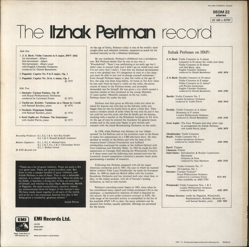 Itzhak Perlman The Itzhak Perlman Record - Factory Sample UK vinyl LP album (LP record)