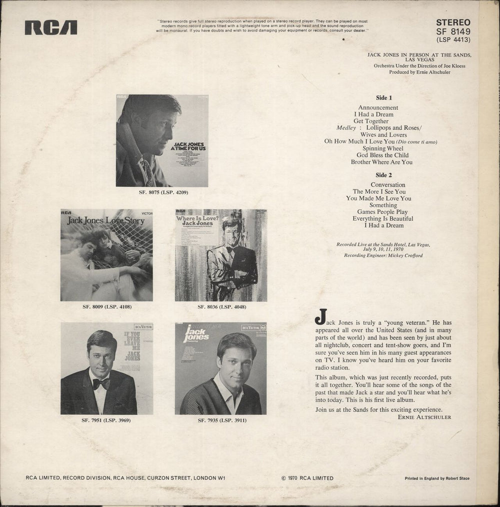 Jack Jones Jack Jones In Person At The Sands, Las Vegas UK vinyl LP album (LP record)