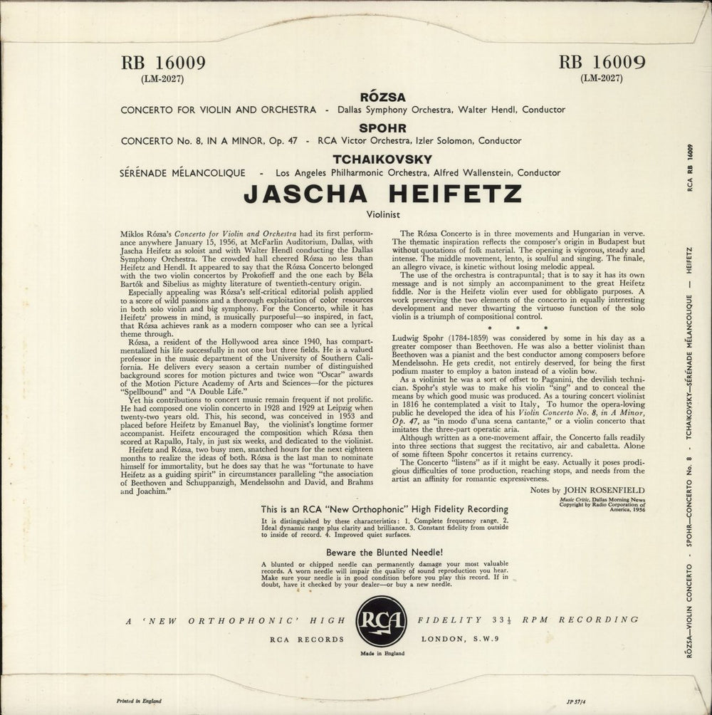 Jascha Heifetz Concerto For Violin And Orchestra · Concerto No. 8 UK vinyl LP album (LP record)