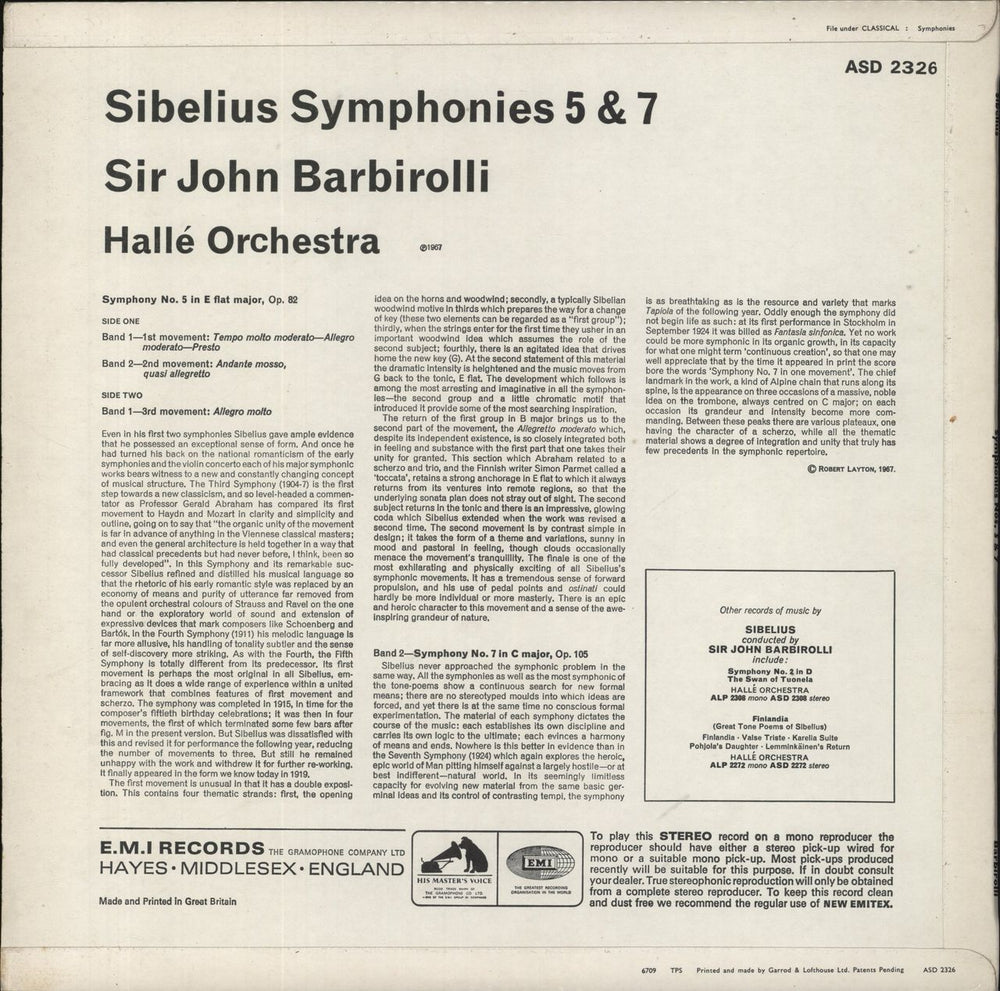 Jean Sibelius Sibelius: Symphony No. 5 In E Flat / Symphony No. 7 In C UK vinyl LP album (LP record)