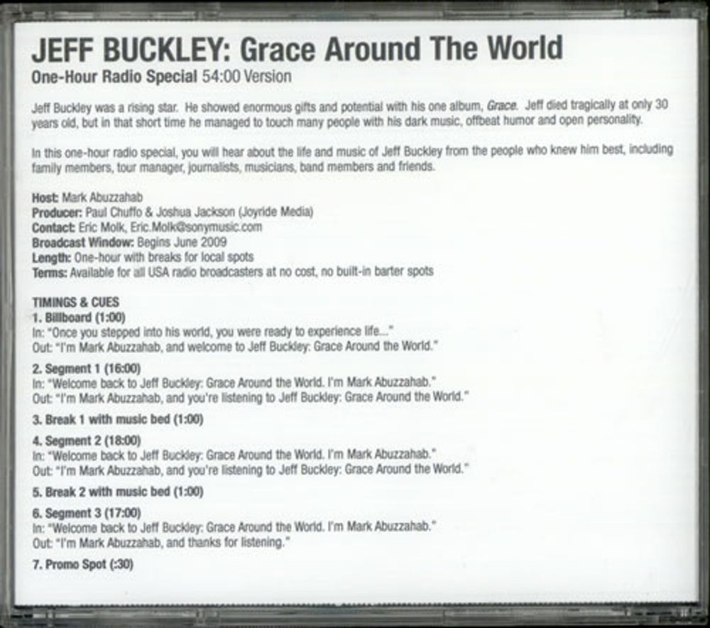 Jeff Buckley Grace Around The World: One Hour Radio Special US Promo CD album (CDLP) JFBCDGR527168