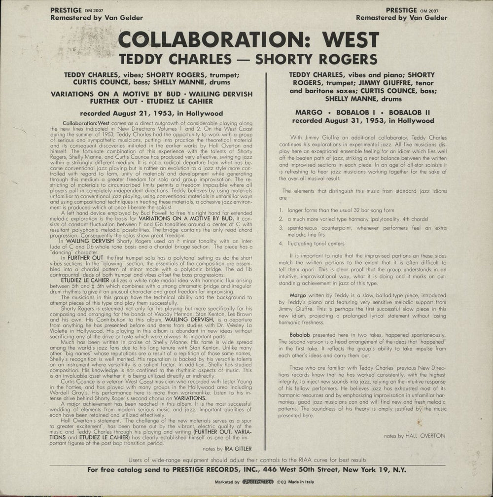 Jimmy Giuffre Collaboration West Italian vinyl LP album (LP record)