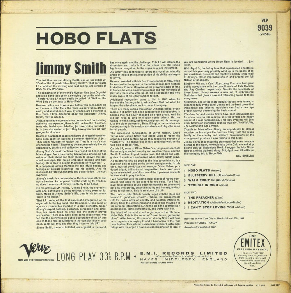 Jimmy Smith (Jazz Organ) Hobo Flats UK vinyl LP album (LP record)