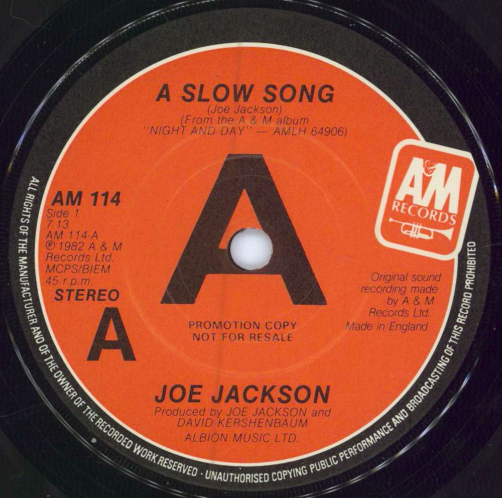 Joe Jackson A SLOW SONG UK Promo 7" vinyl single (7 inch record / 45) JOJ07AS786162