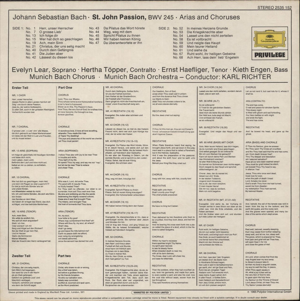 Johann Sebastian Bach Bach: St. John Passion - Arias And Chorus UK vinyl LP album (LP record)