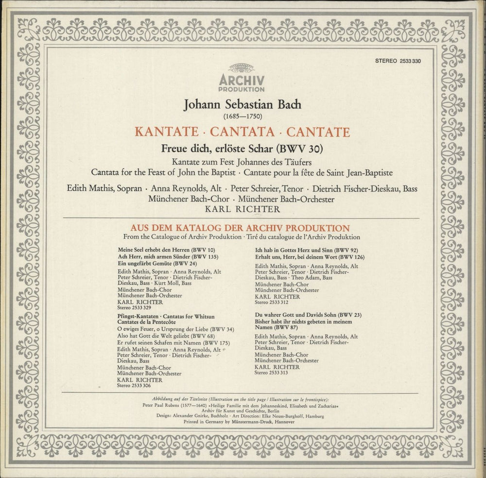 Johann Sebastian Bach Cantata "Freue Dich, Erlöste Schar", BWV 30 German vinyl LP album (LP record)