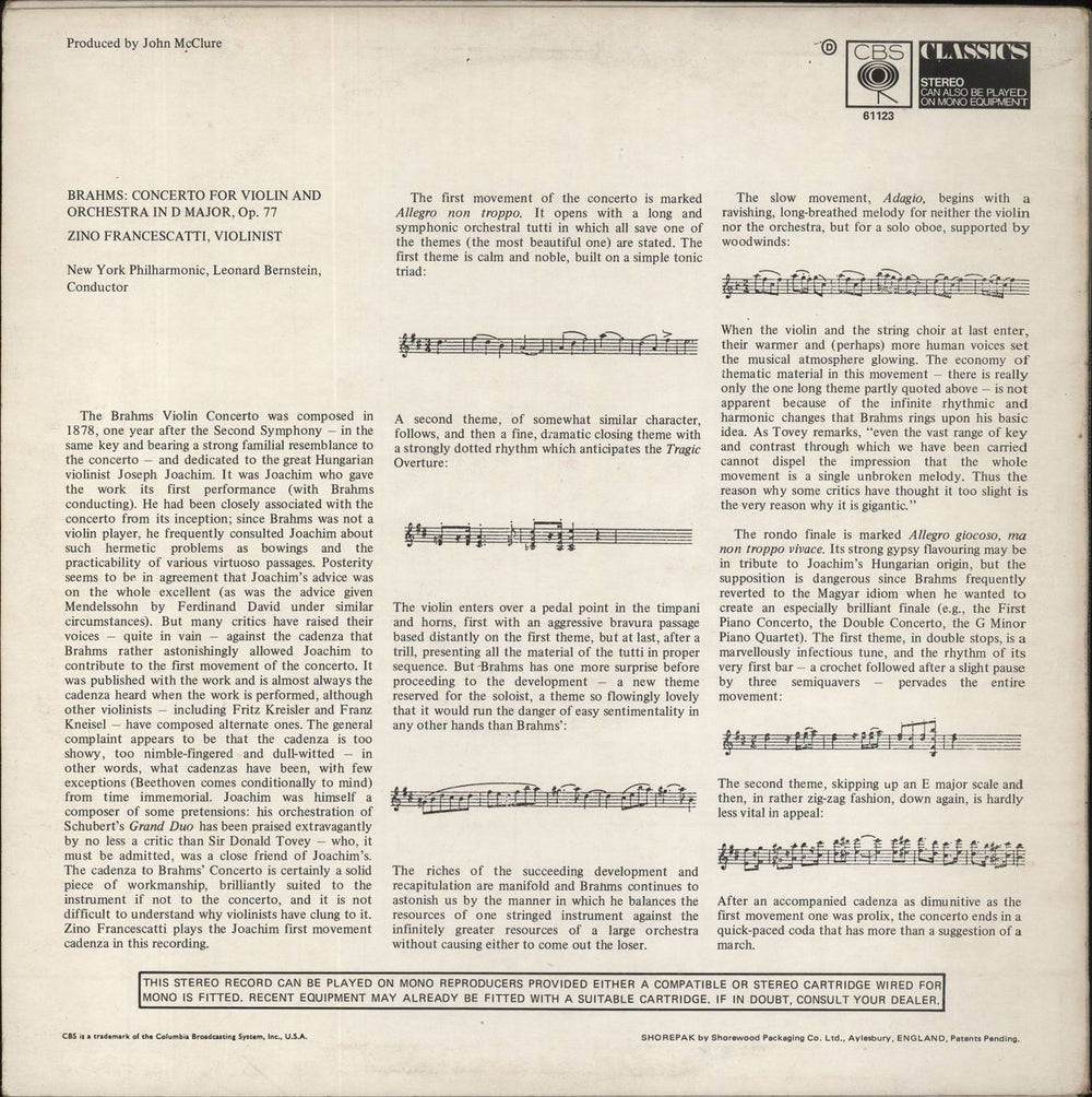 Johannes Brahms Brahms: Concerto For Violin And Orchestra In D Major, Op. 77 UK vinyl LP album (LP record)