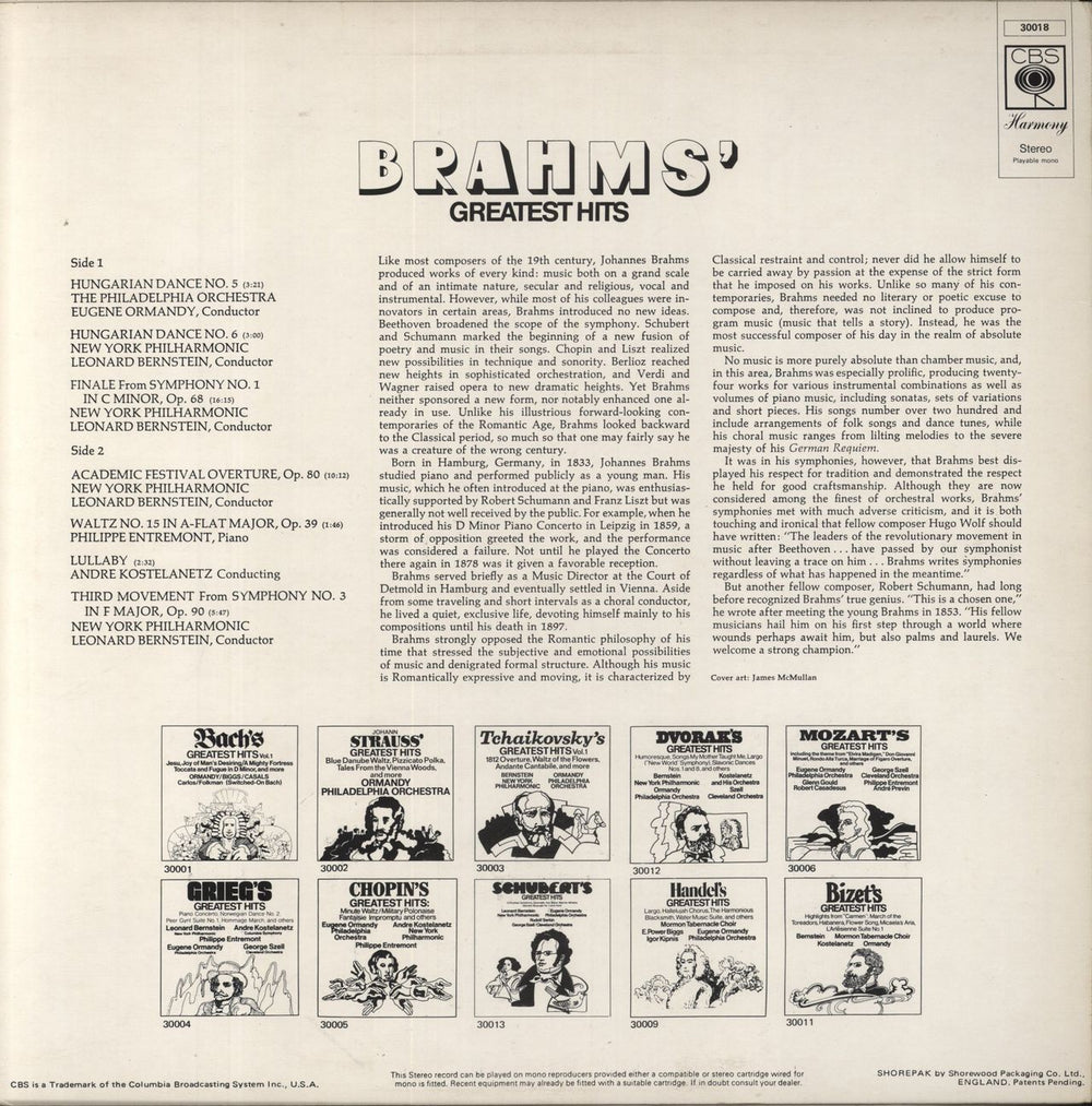 Johannes Brahms Brahms' Greatest Hits UK vinyl LP album (LP record)