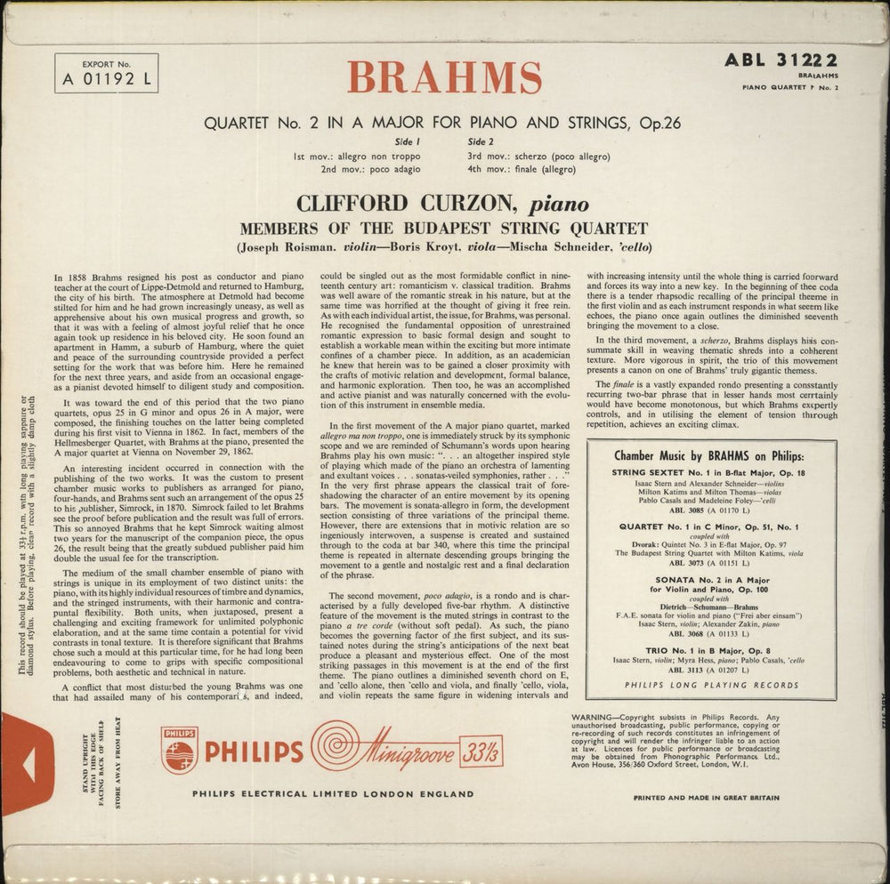 Johannes Brahms Brahms: Quartet No. 2 In A Major For Piano And Strings UK vinyl LP album (LP record)