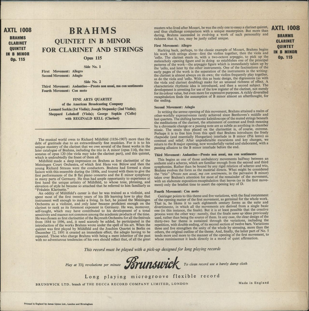 Johannes Brahms Brahms: Quintet In B Minor, Op. 115 For Clarinet And Strings UK vinyl LP album (LP record)