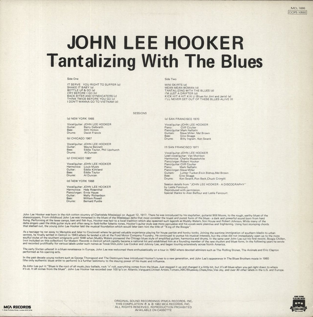 John Lee Hooker Tantalizing With The Blues UK vinyl LP album (LP record)