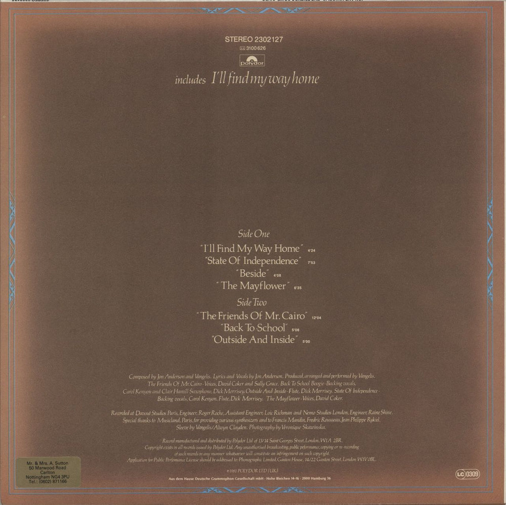 Jon & Vangelis The Friends Of Mr Cairo German vinyl LP album (LP record)