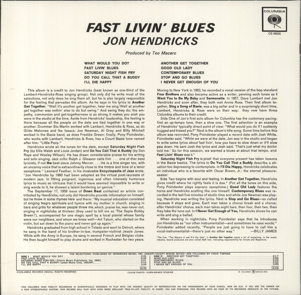 Jon Hendricks Fast Livin' Blues US vinyl LP album (LP record)