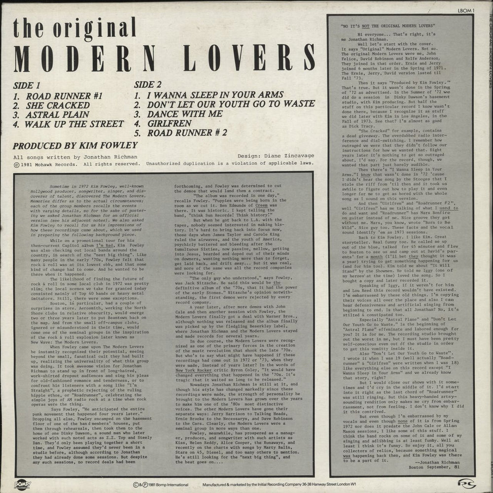 Jonathan Richman & The Modern Lovers The Original Modern Lovers UK vinyl LP album (LP record)