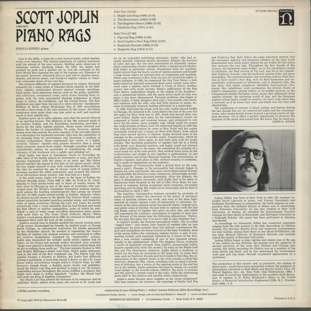 Joshua Rifkin Piano Rags By Scott Joplin US vinyl LP album (LP record)