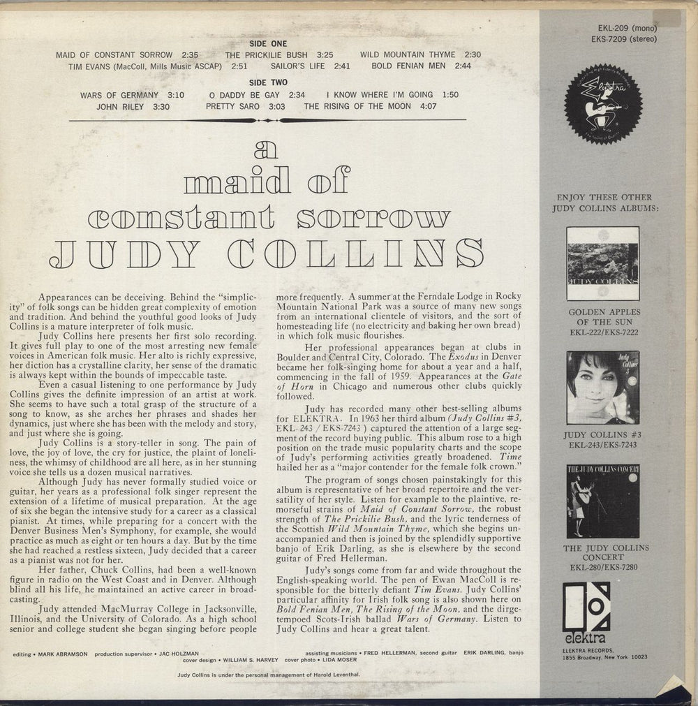 Judy Collins A Maid Of Constant Sorrow - Stereo US vinyl LP album (LP record)