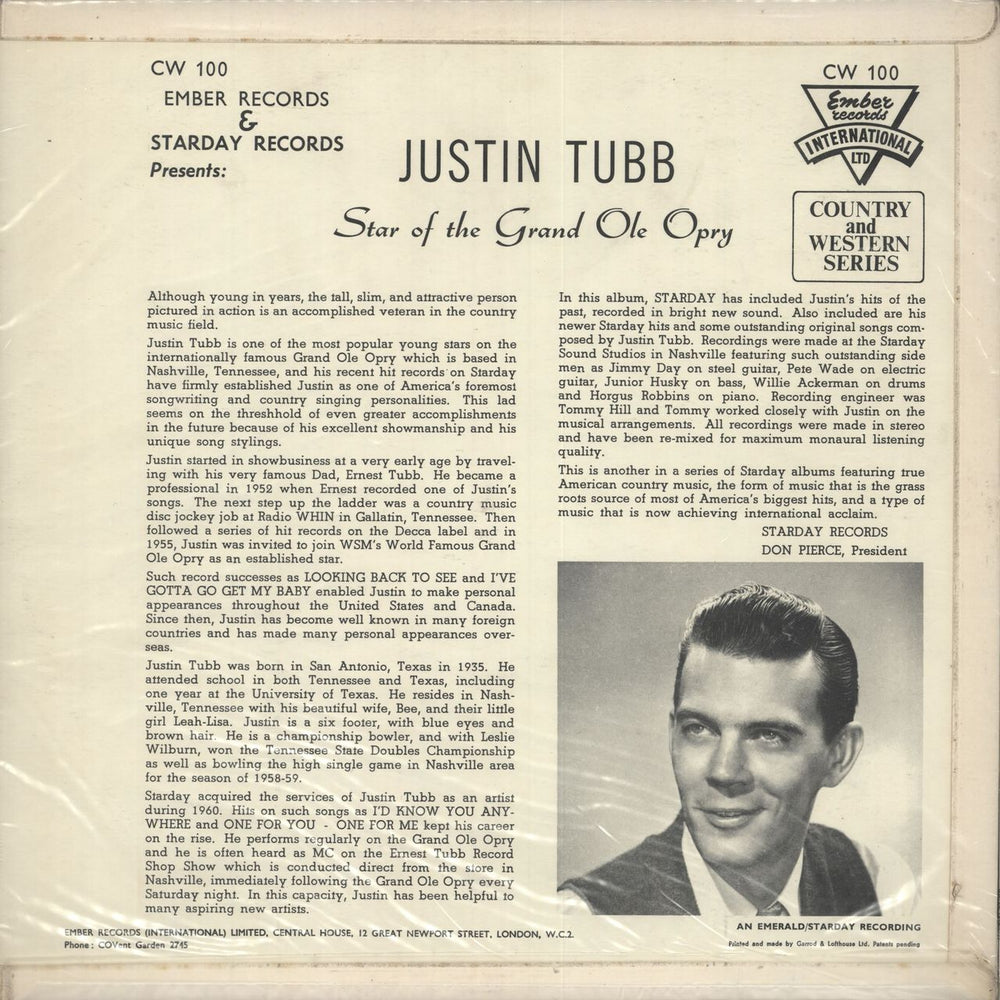 Justin Tubb Star Of The Grand Ole Opry UK vinyl LP album (LP record)