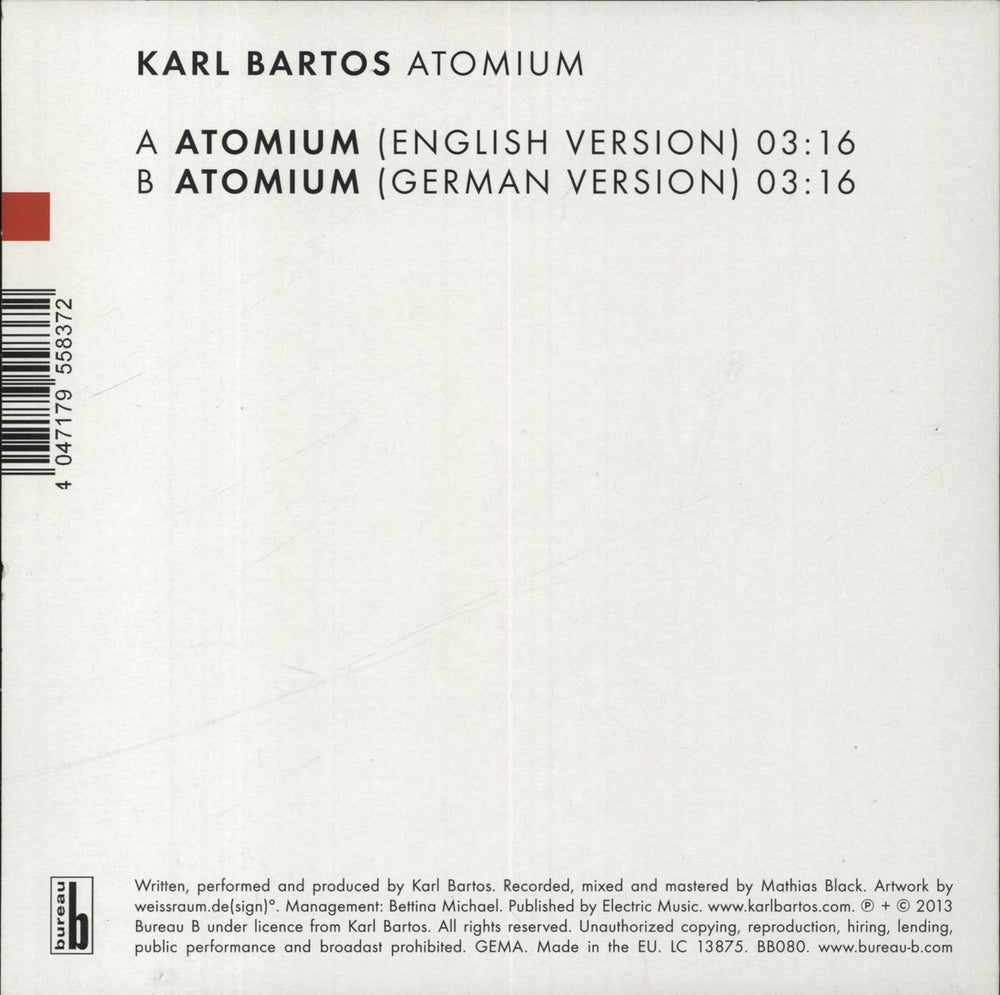 Karl Bartos Atomium UK 7" vinyl single (7 inch record / 45) 4047179558372