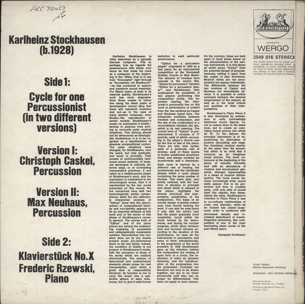 Karlheinz Stockhausen Cycle For One Percussionist (In Two Different Versions) / Klavierstück No. X UK vinyl LP album (LP record)