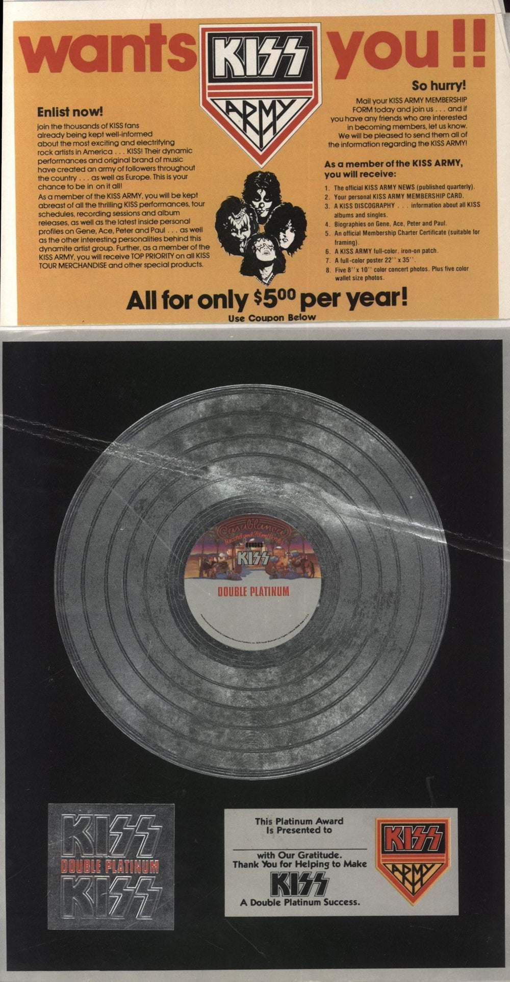 Kiss Double Platinum + Award & Merchandise Insert - EX US 2-LP vinyl record set (Double LP Album)