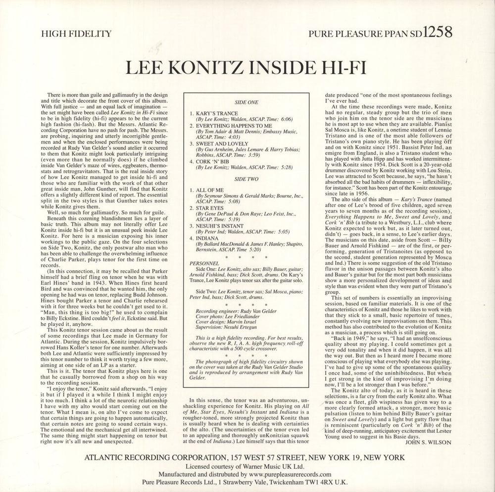 Lee Konitz Inside Hi-Fi - 180gm UK vinyl LP album (LP record) 5060149622735