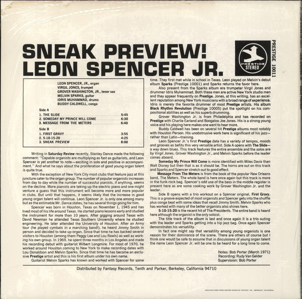 Leon Spencer Jr. Sneak Preview! US vinyl LP album (LP record)