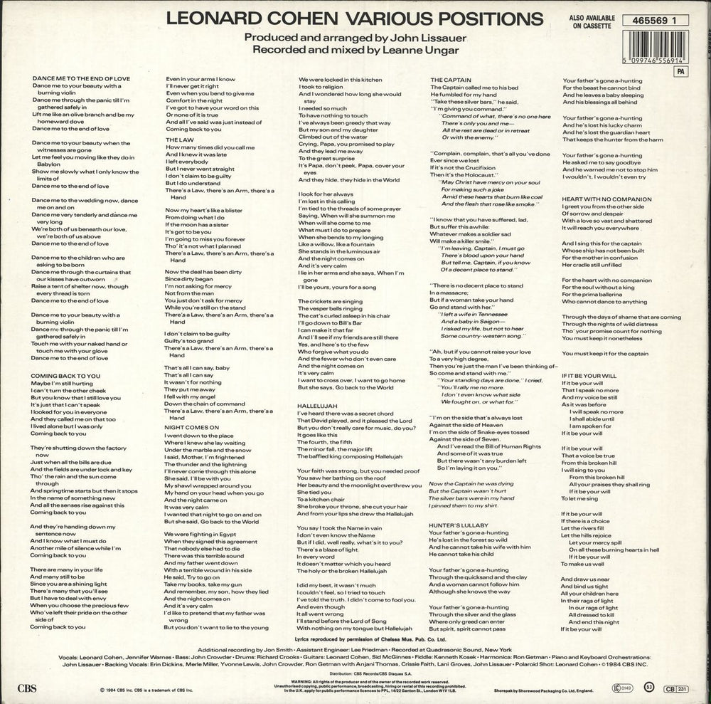 Leonard Cohen Various Positions German vinyl LP album (LP record)