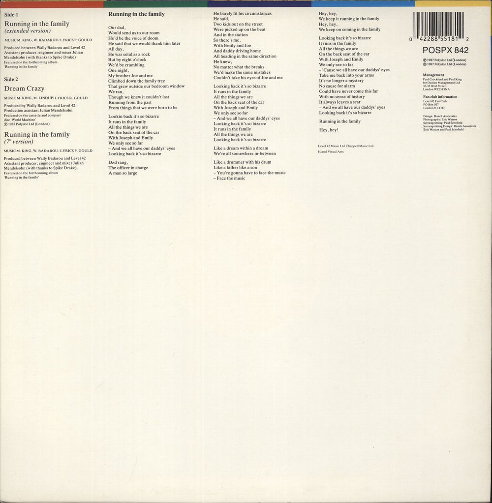 Level 42 Running In The Family (Extended Version) UK 12" vinyl single (12 inch record / Maxi-single) 042288561316