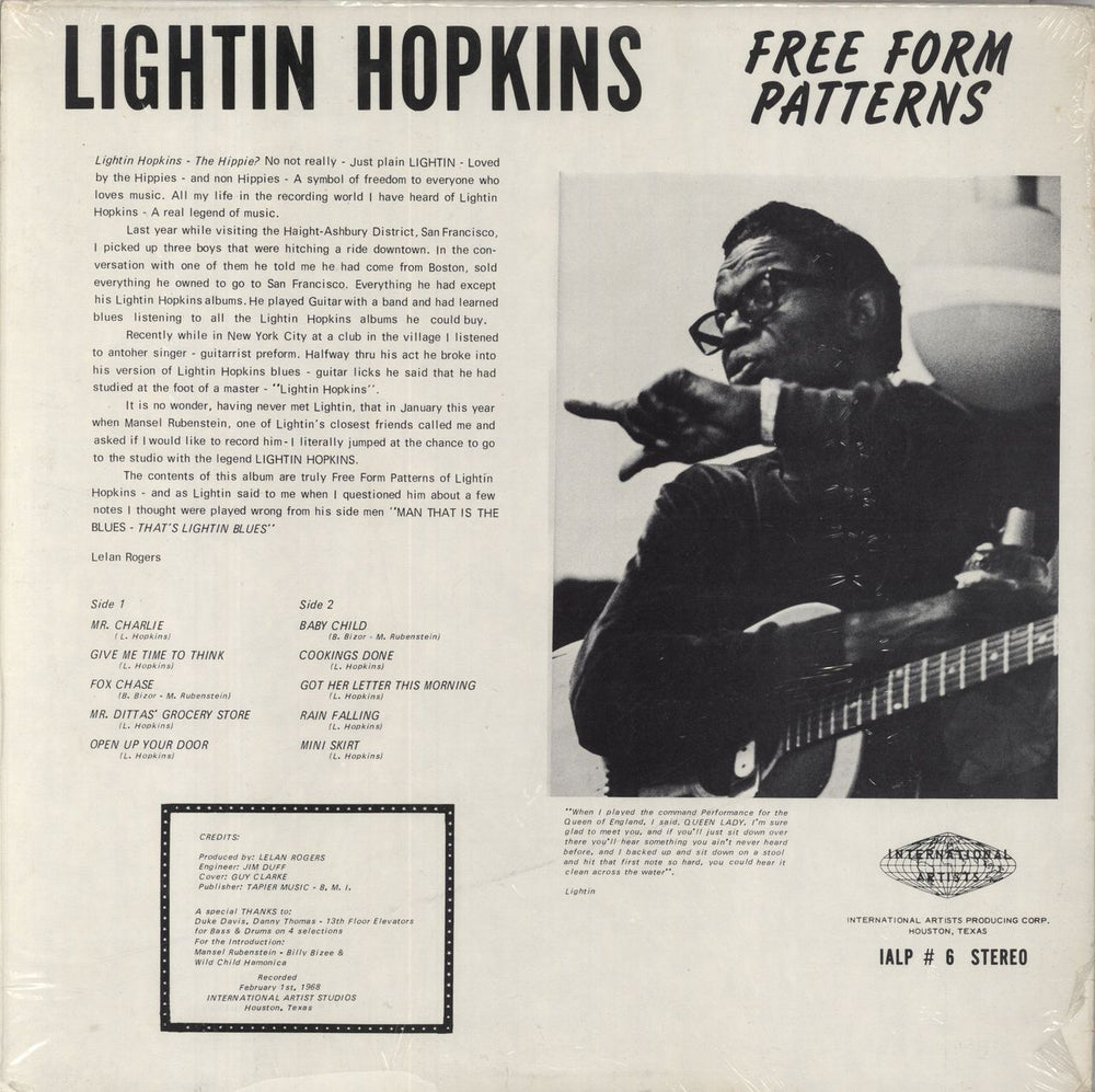 Lightnin' Hopkins Free Form Patterns - Shrink UK vinyl LP album (LP record) 082333084711