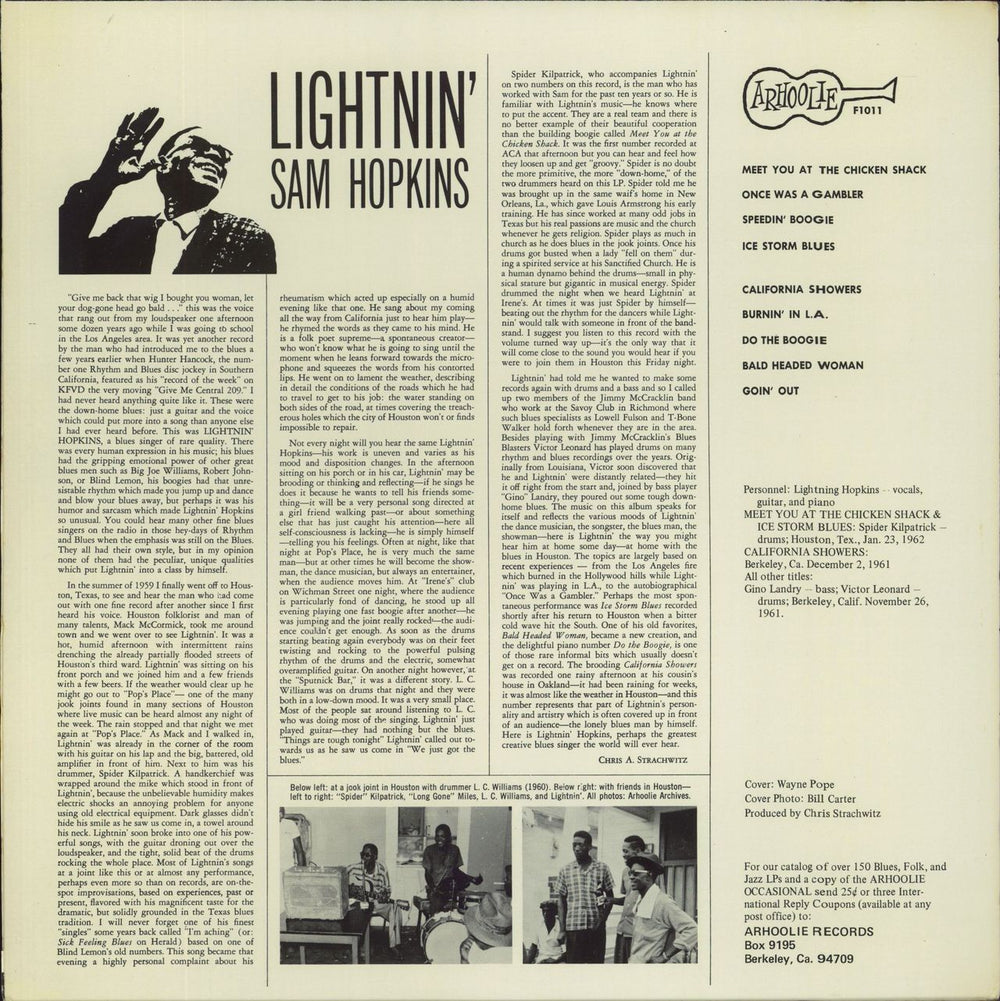 Lightnin' Hopkins Lightnin' Sam Hopkins US vinyl LP album (LP record)