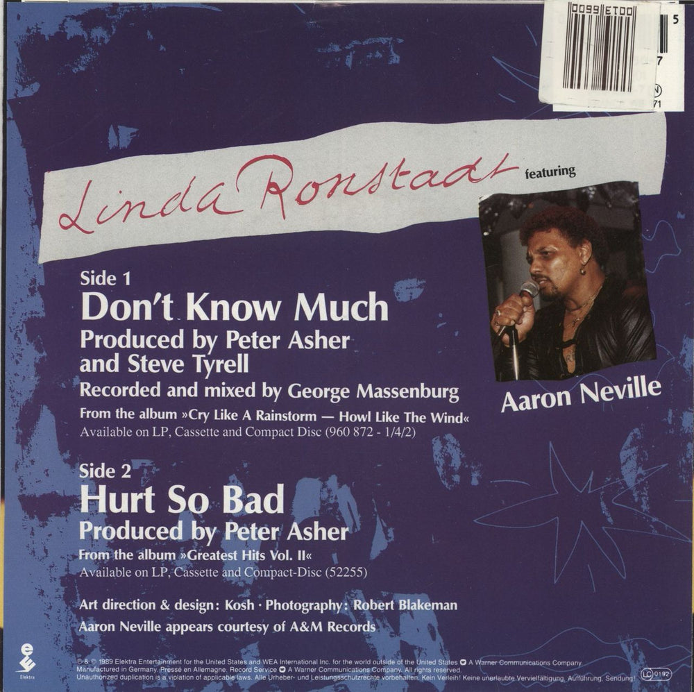 Linda Ronstadt Don't Know Much + Sleeve UK 7" vinyl single (7 inch record / 45) 075596925075