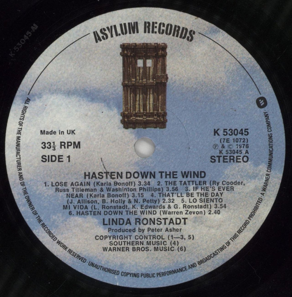 Linda Ronstadt Hasten Down The Wind UK vinyl LP album (LP record) LIRLPHA589646