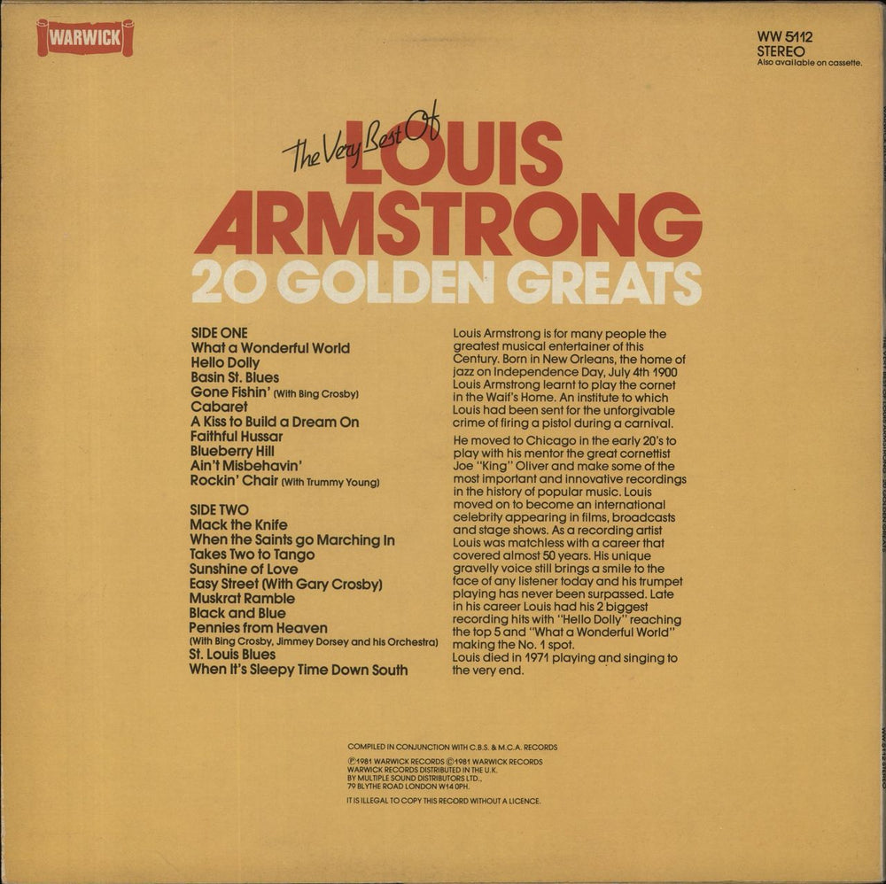 Louis Armstrong 20 Golden Greats UK vinyl LP album (LP record)