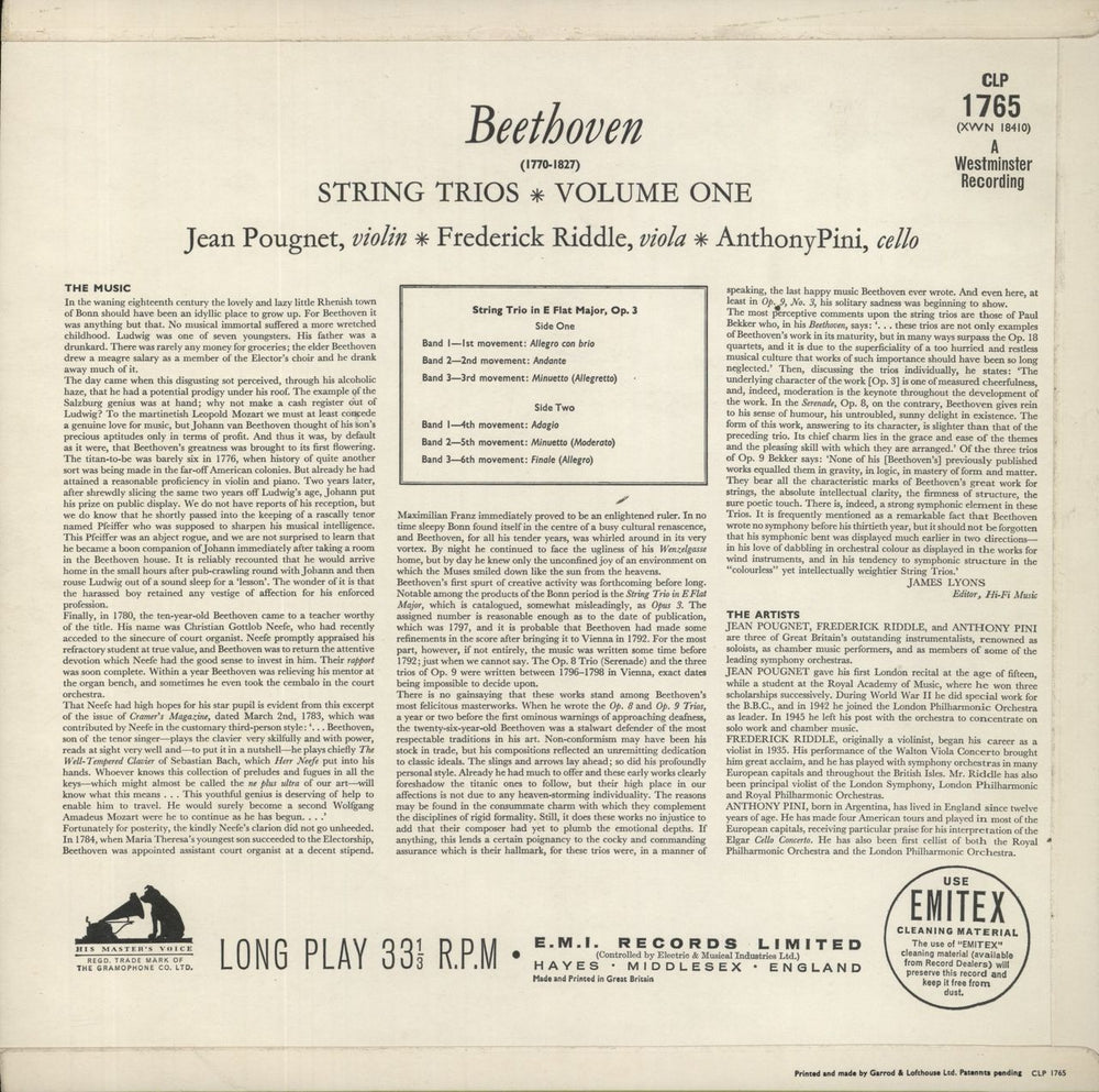 Ludwig Van Beethoven Beethoven: String Trios · Volume 1 UK vinyl LP album (LP record)