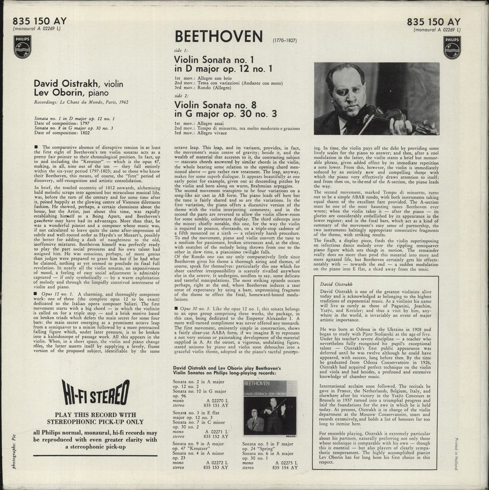 Ludwig Van Beethoven Beethoven: Violinsonaten I (Nr. 1 Op. 12,1 / Nr. 8 Op. 30,3) Dutch vinyl LP album (LP record)