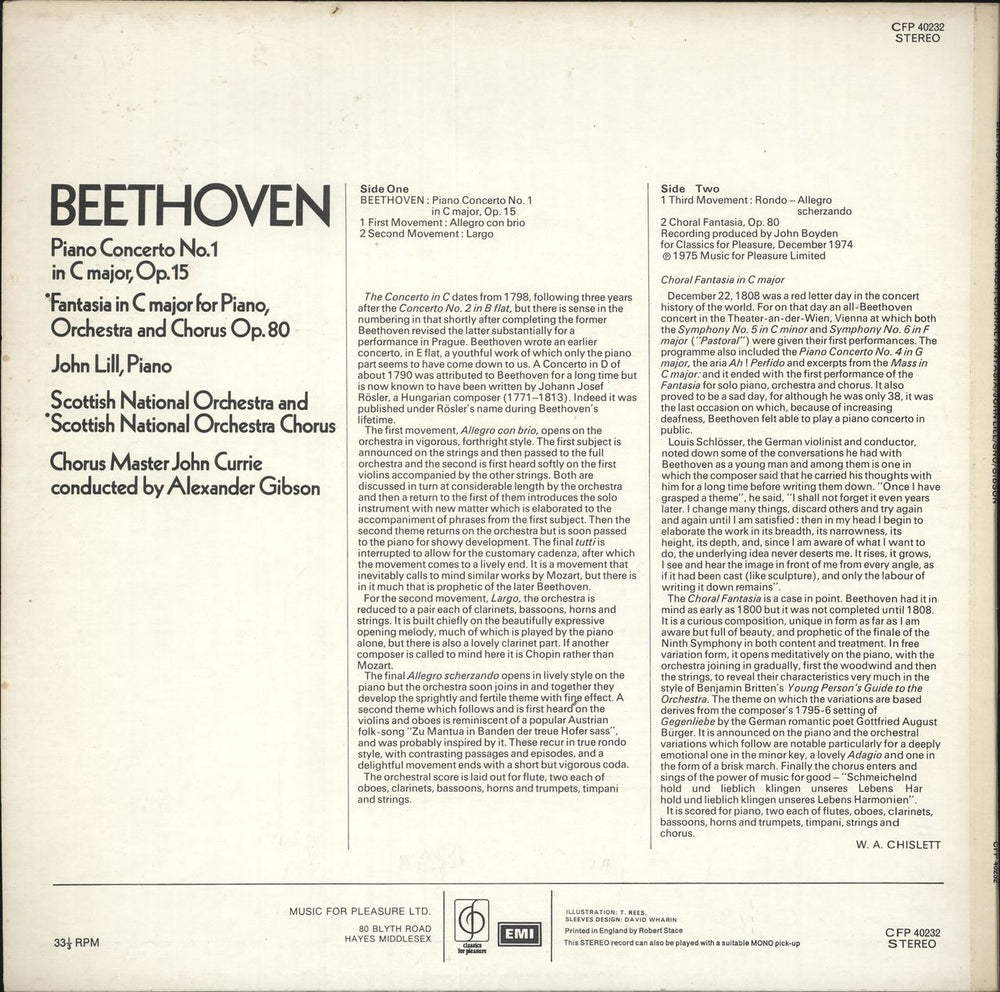 Ludwig Van Beethoven Piano Concerto No.1, Choral Fantasia UK vinyl LP album (LP record)