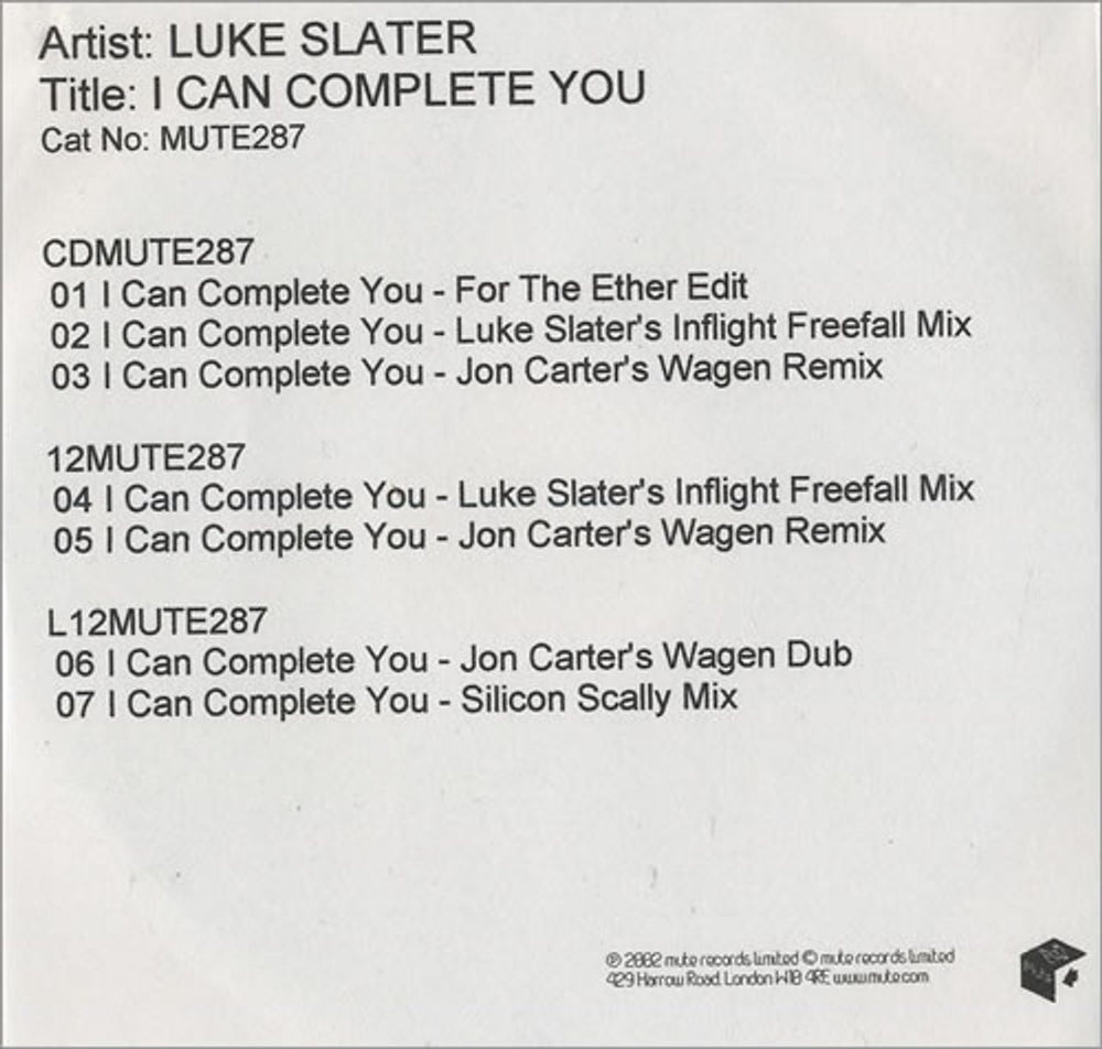 Luke Slater I Can Complete You - Remixes UK Promo CD-R acetate CD-R ACETATE