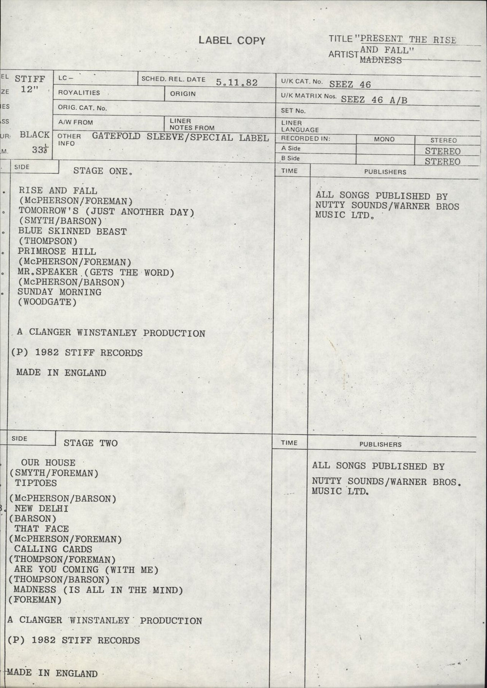 Madness The Rise & Fall + Copy Sheet UK Promo vinyl LP album (LP record) SEEZ46