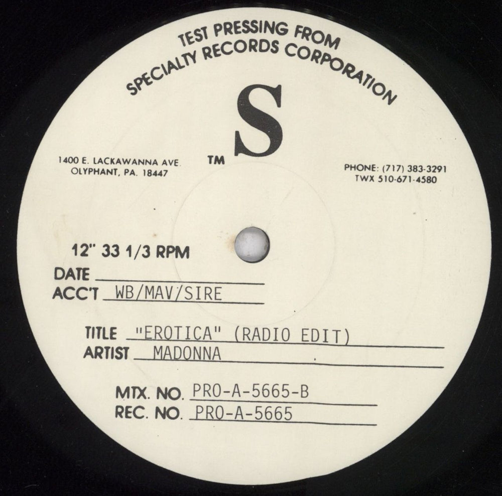 Madonna Erotica - Test Pressing US Promo 12" vinyl single (12 inch record / Maxi-single) MAD12ER11262