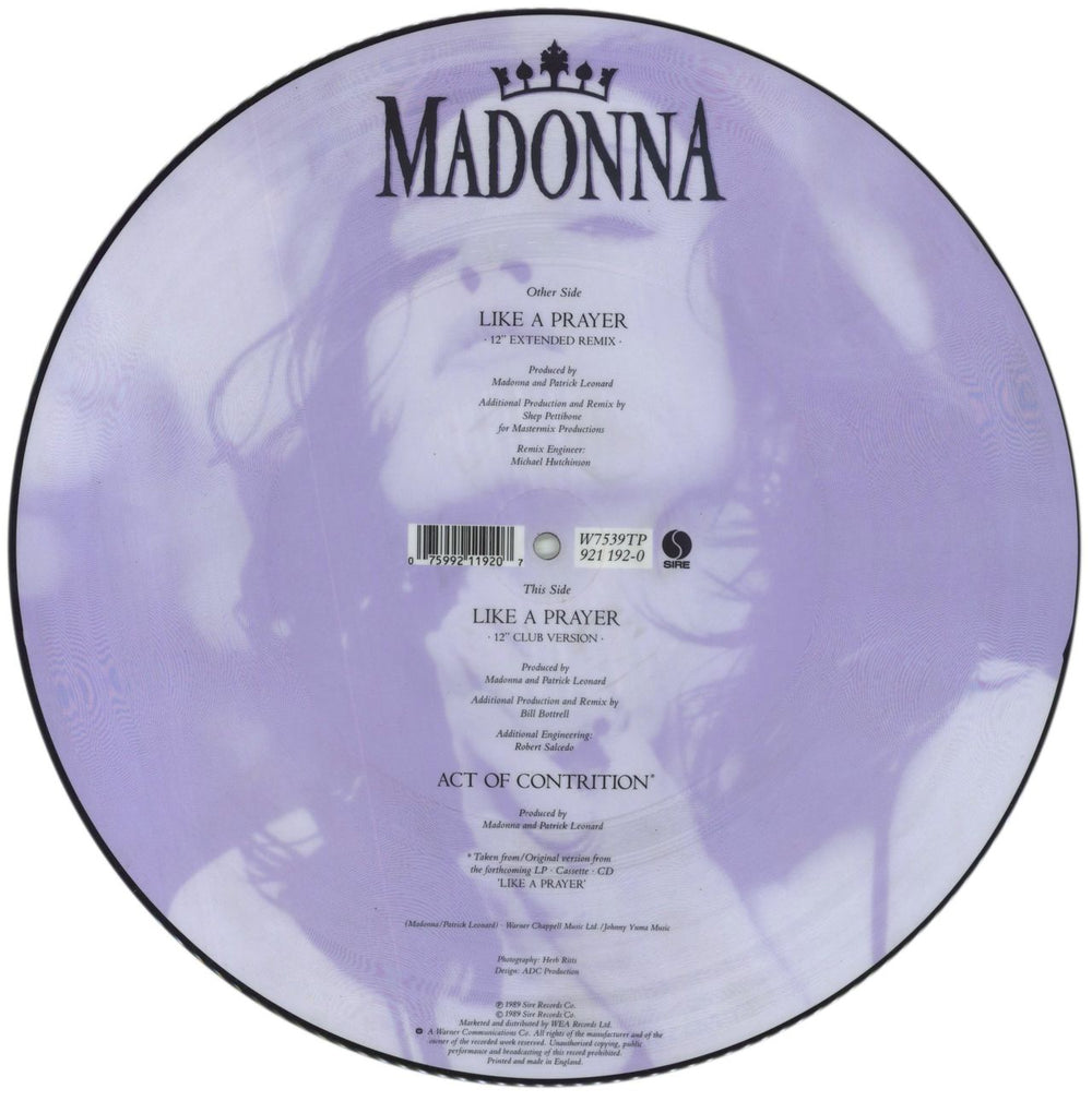 Madonna Like A Prayer - EX UK 12" vinyl picture disc (12 inch picture record) 075992119207