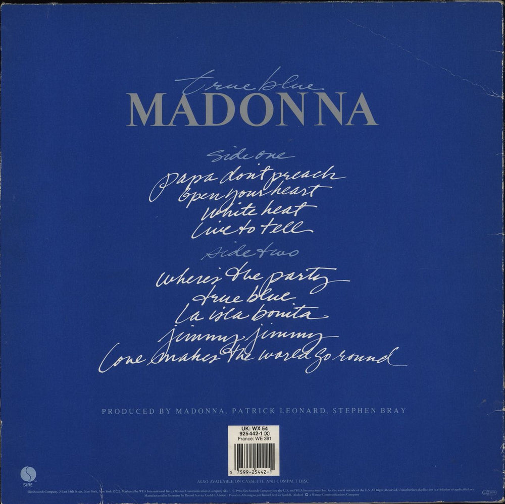 Madonna True Blue - 1 Sticker UK vinyl LP album (LP record) 075992544214