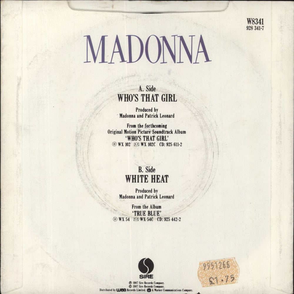 Madonna Who's That Girl - Red Inj - Paper Sleeve UK 7" vinyl single (7 inch record / 45) *NO BARCODE!*