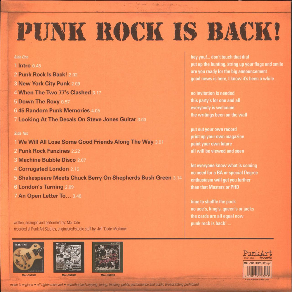 MAL-ONE Punk Rock Is Back! UK vinyl LP album (LP record) 3ZOLPPU821194