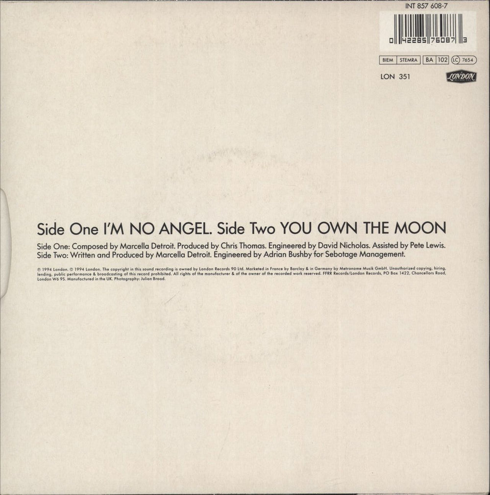 Marcella Detroit I'm No Angel UK 7" vinyl single (7 inch record / 45) 042285760873