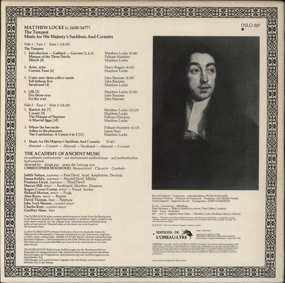 Matthew Locke Matthew Locke: Incidental Music To The Tempest / Music For His Majesty's Sackbuts & Cornetts UK vinyl LP album (LP record) 8EYLPMA852916