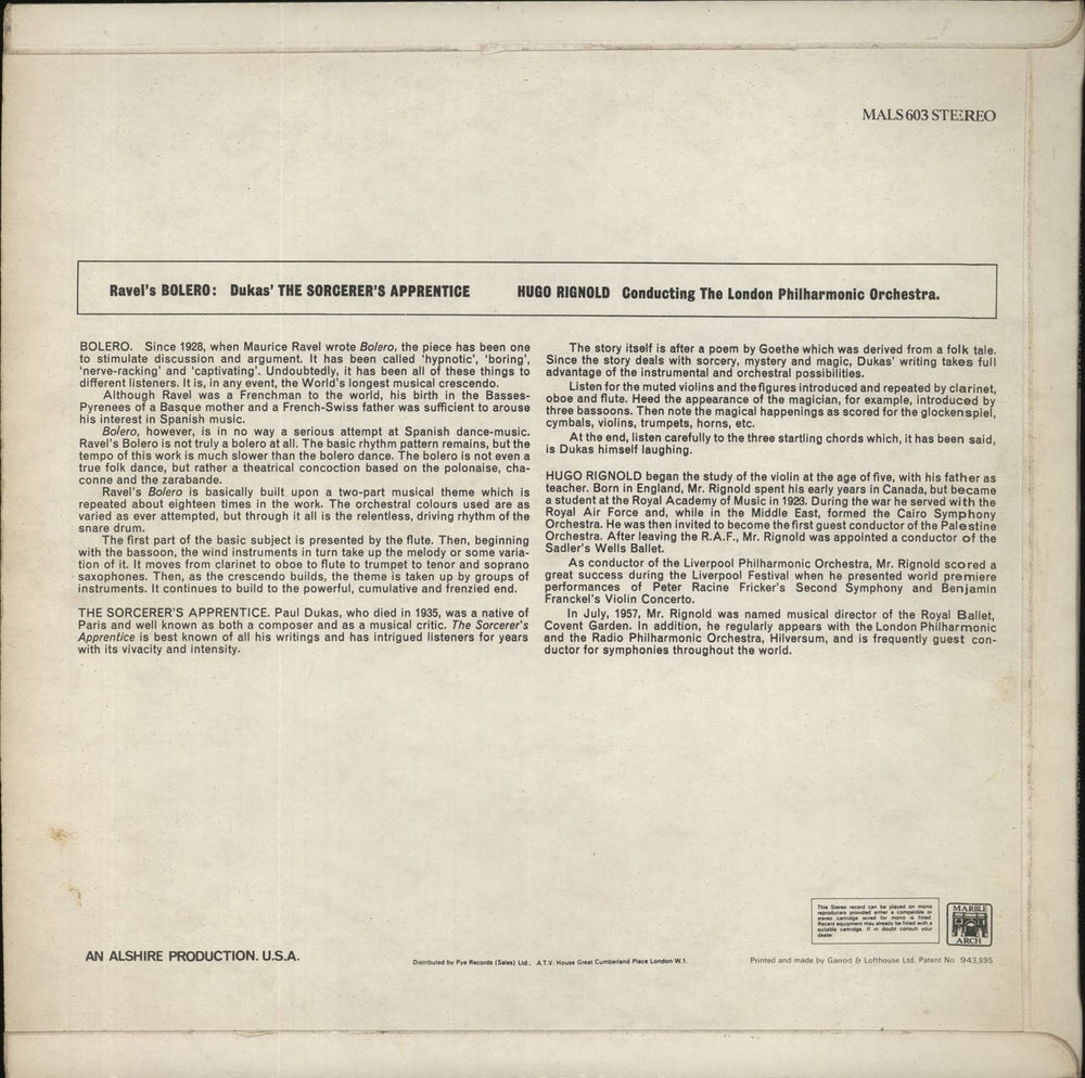 Maurice Ravel Ravel: Bolero / Dukas: The Sorcerer's Apprentice UK vinyl LP album (LP record)