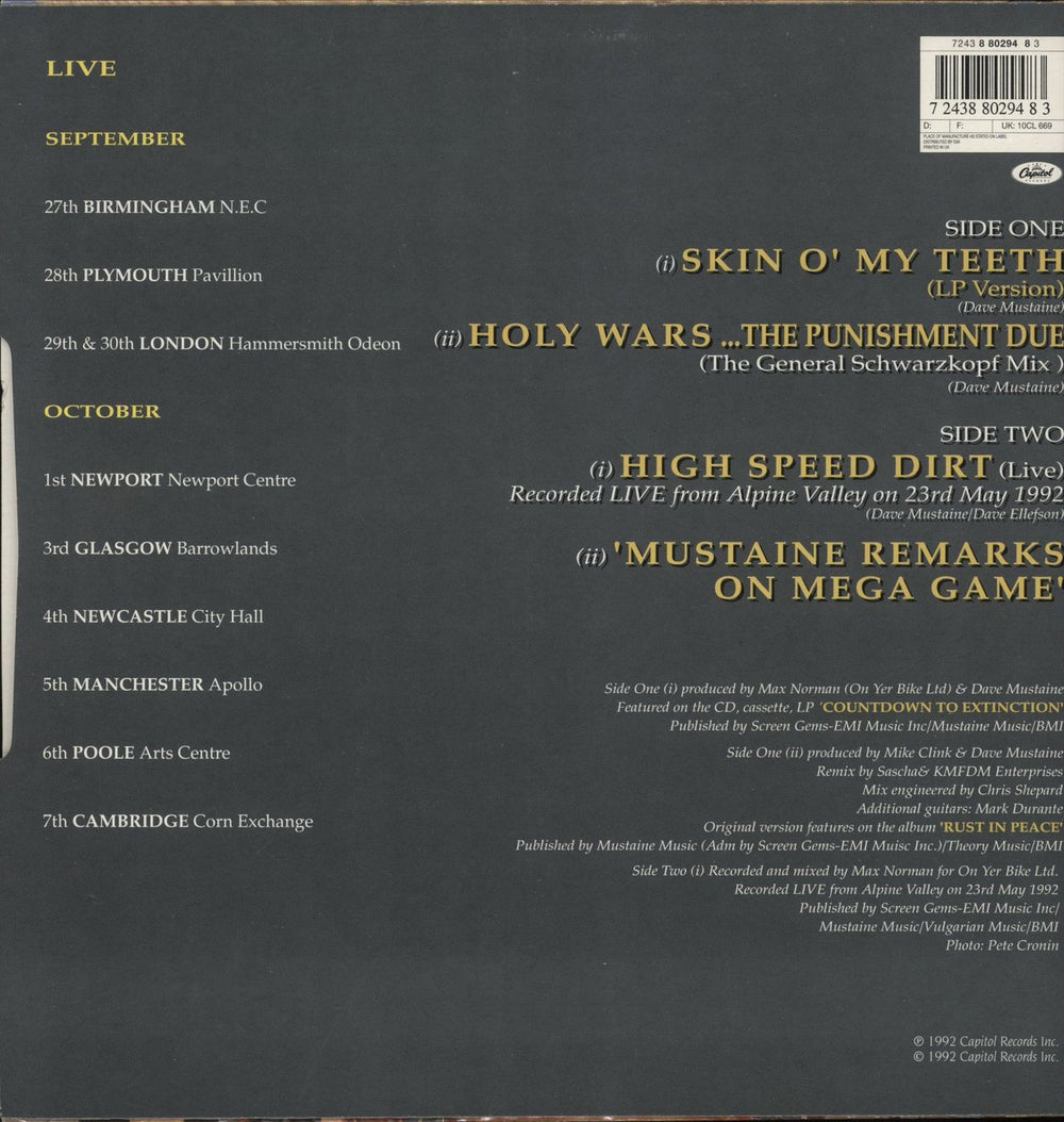 Megadeth Skin O' My Teeth UK 10" vinyl single (10 inch record) 724388029483