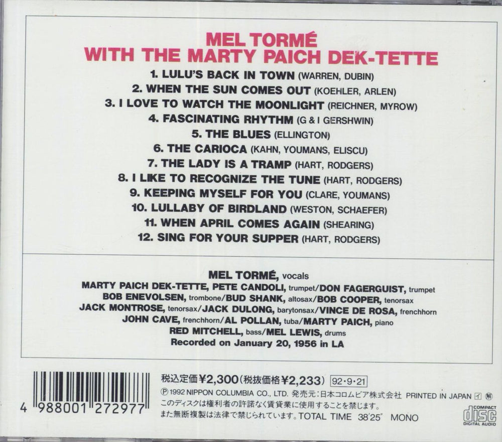 Mel Tormé Mel Tormé With The Marty Paich Dek-Tette Japanese CD album (CDLP)